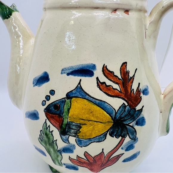 70’s VTG Mexican Pottery Pitcher Hand Painted Fish Artist Signed Folk Tropical - Picture 5 of 13